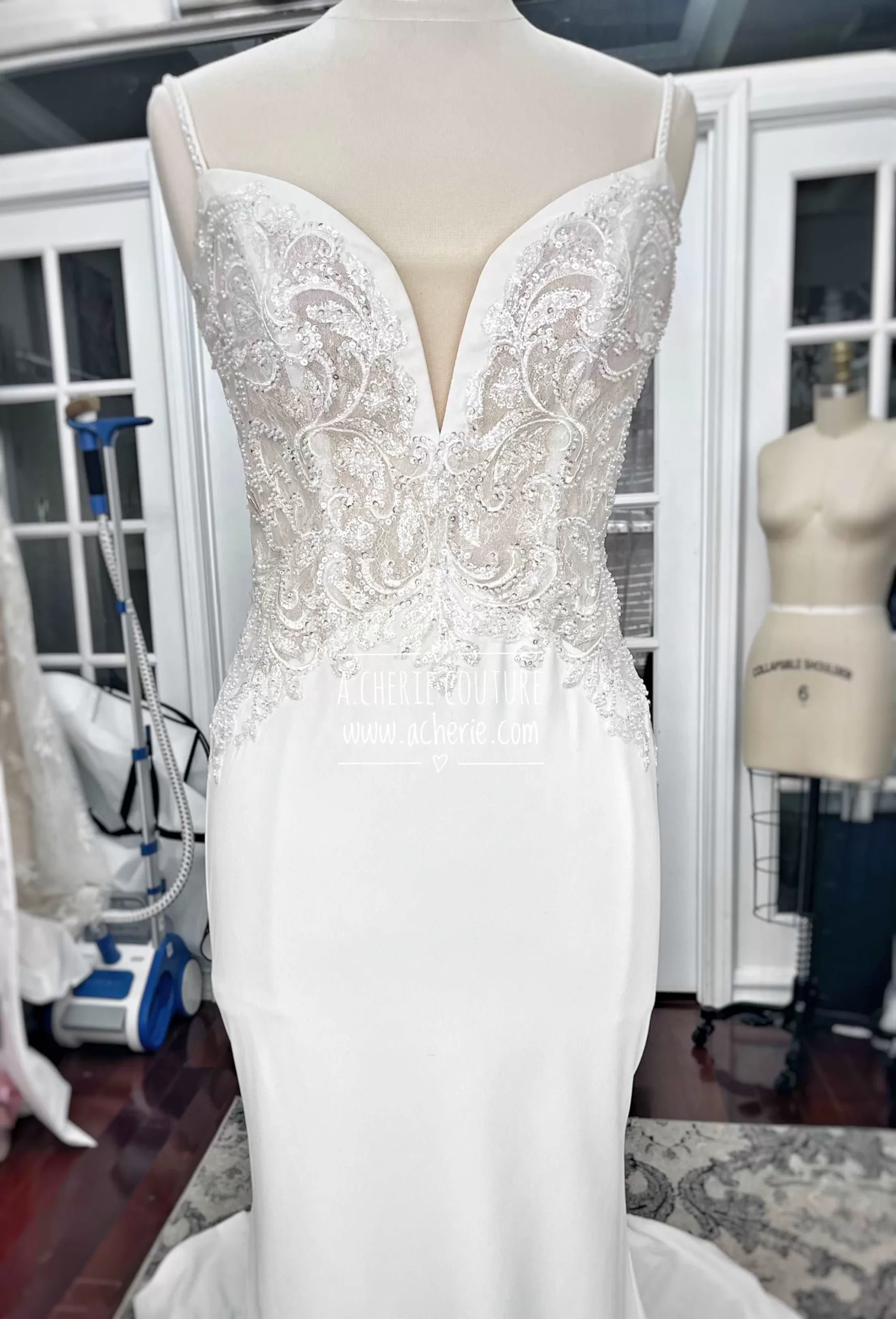 Sexy Low Back Fit and Flare Crepe Wedding Dress | Alaina - Image 13