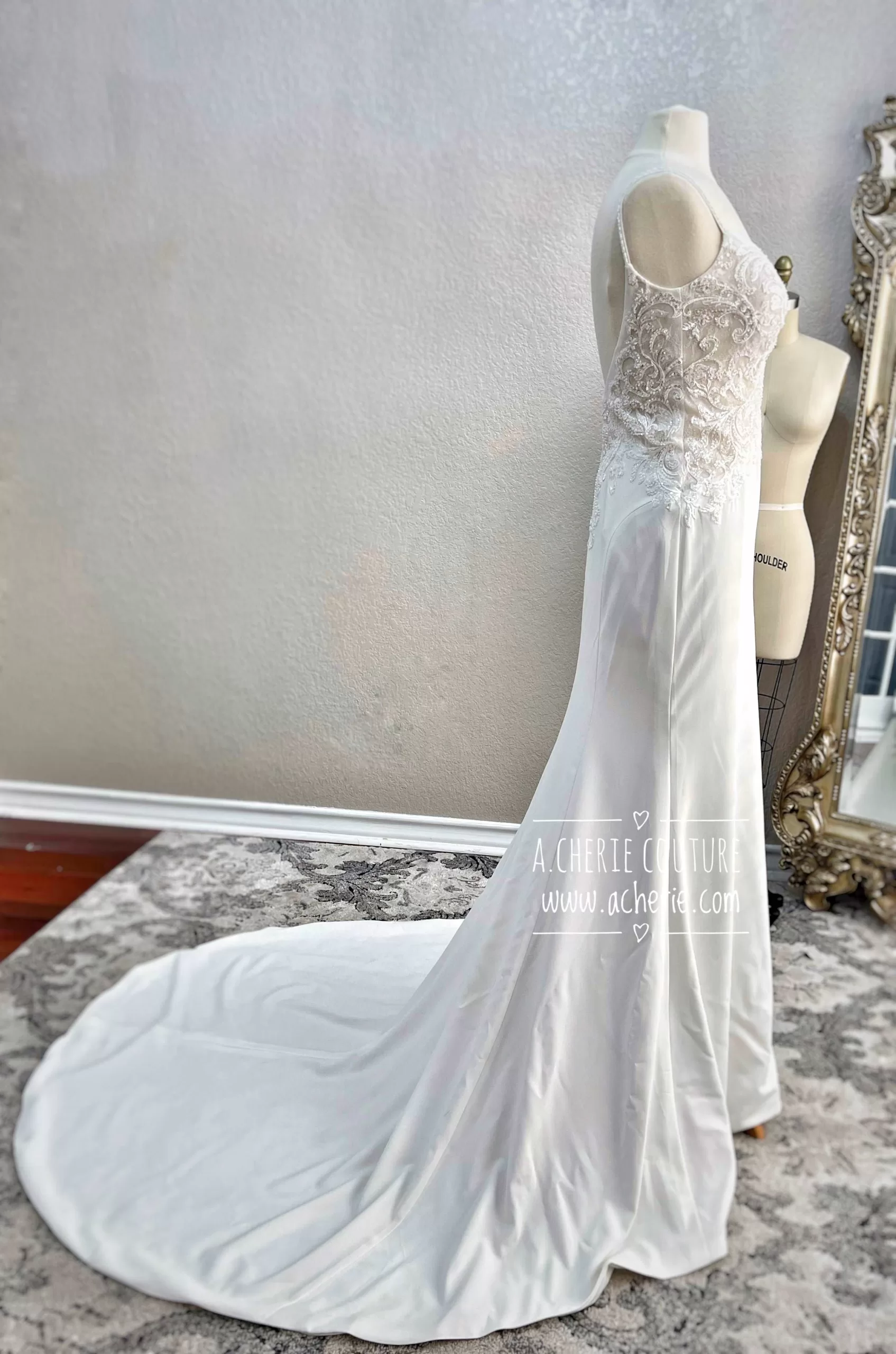 Sexy Low Back Fit and Flare Crepe Wedding Dress | Alaina - Image 3