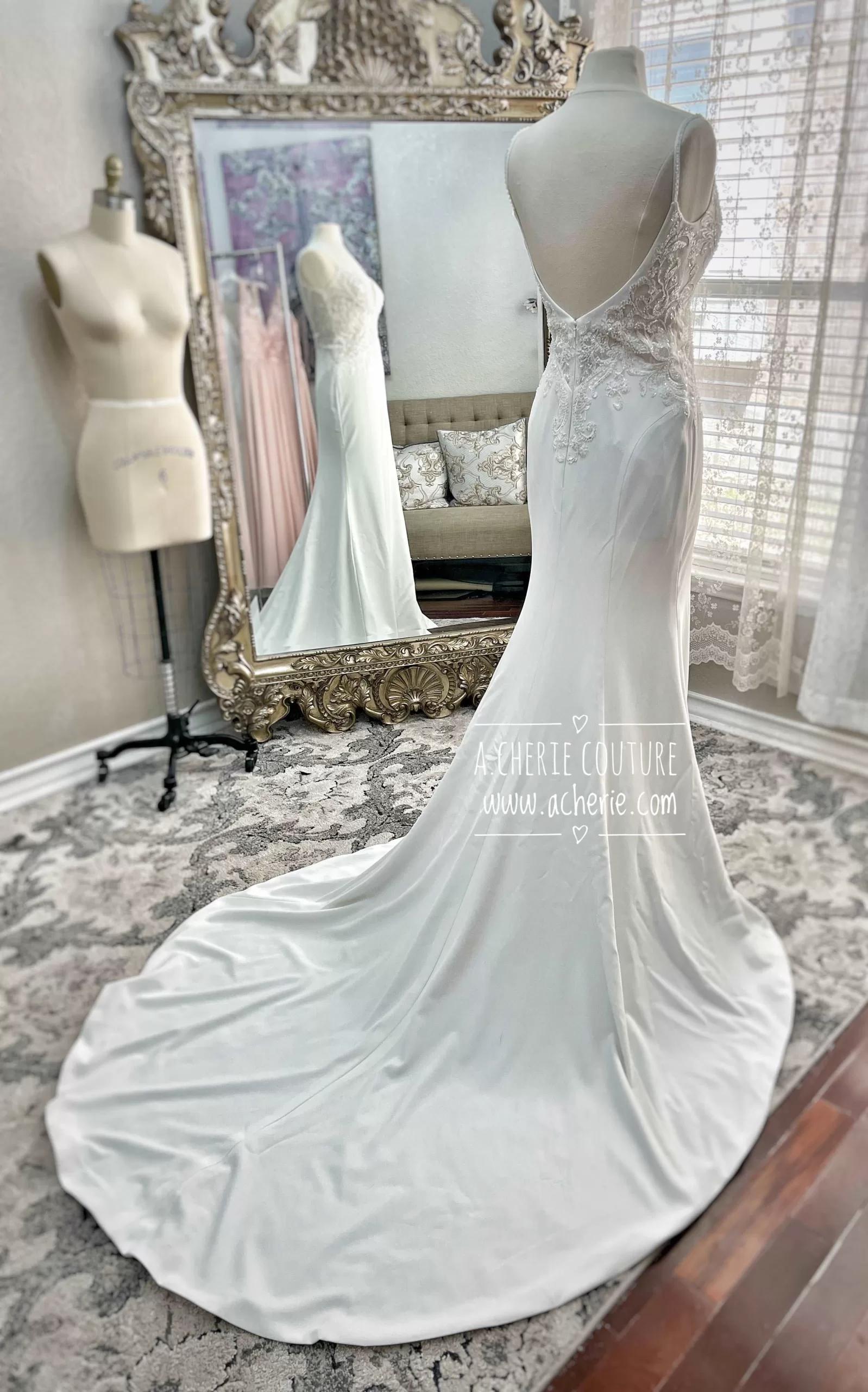 Sexy Low Back Fit and Flare Crepe Wedding Dress | Alaina - Image 4